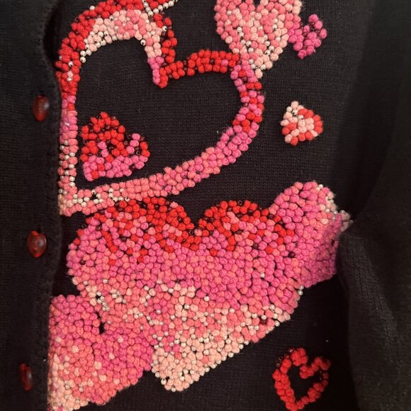 Emma Tricot Black Beaded Heart Sweater Heart Buttons Knit Cardigan Womens Sz M - Picture 2 of 12
